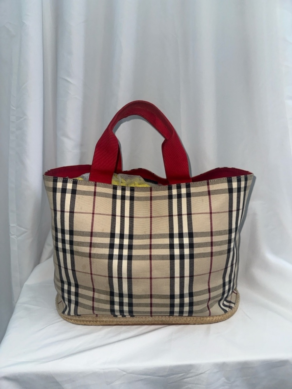 Burberry Beige Plaid Tote with Red Top Handles
